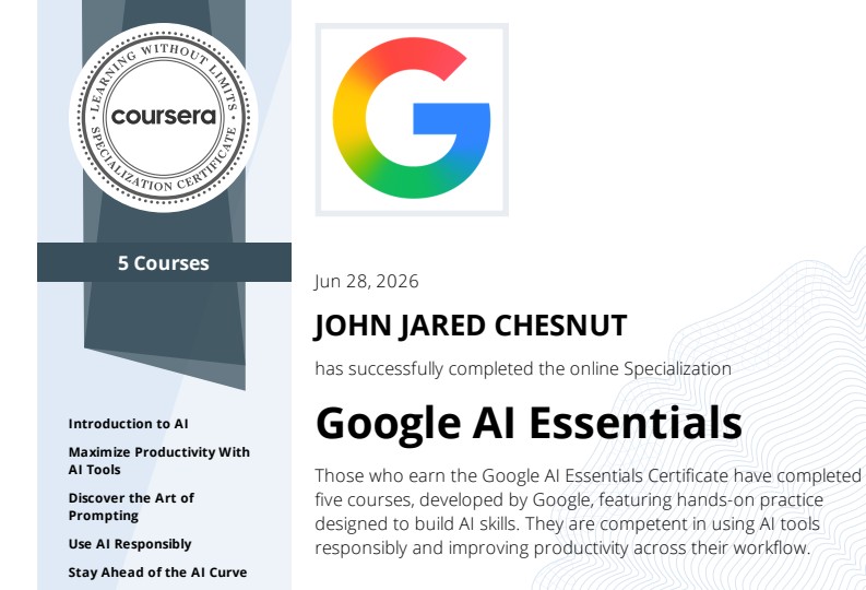 Google AI Essentials specialization certificate
