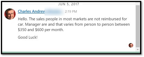 Former employee reply with firsthand detail on vehicle reimbursement, last name blurred