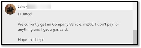 Former employee reply with firsthand detail on company vehicle policy, last name blurred