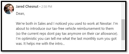 Jared&rsquo;s outreach message asking a former employee for insight
