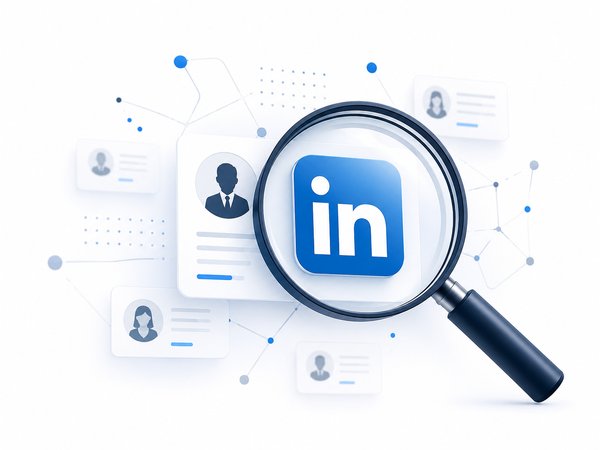 Illustration of searching LinkedIn profiles with a magnifying glass